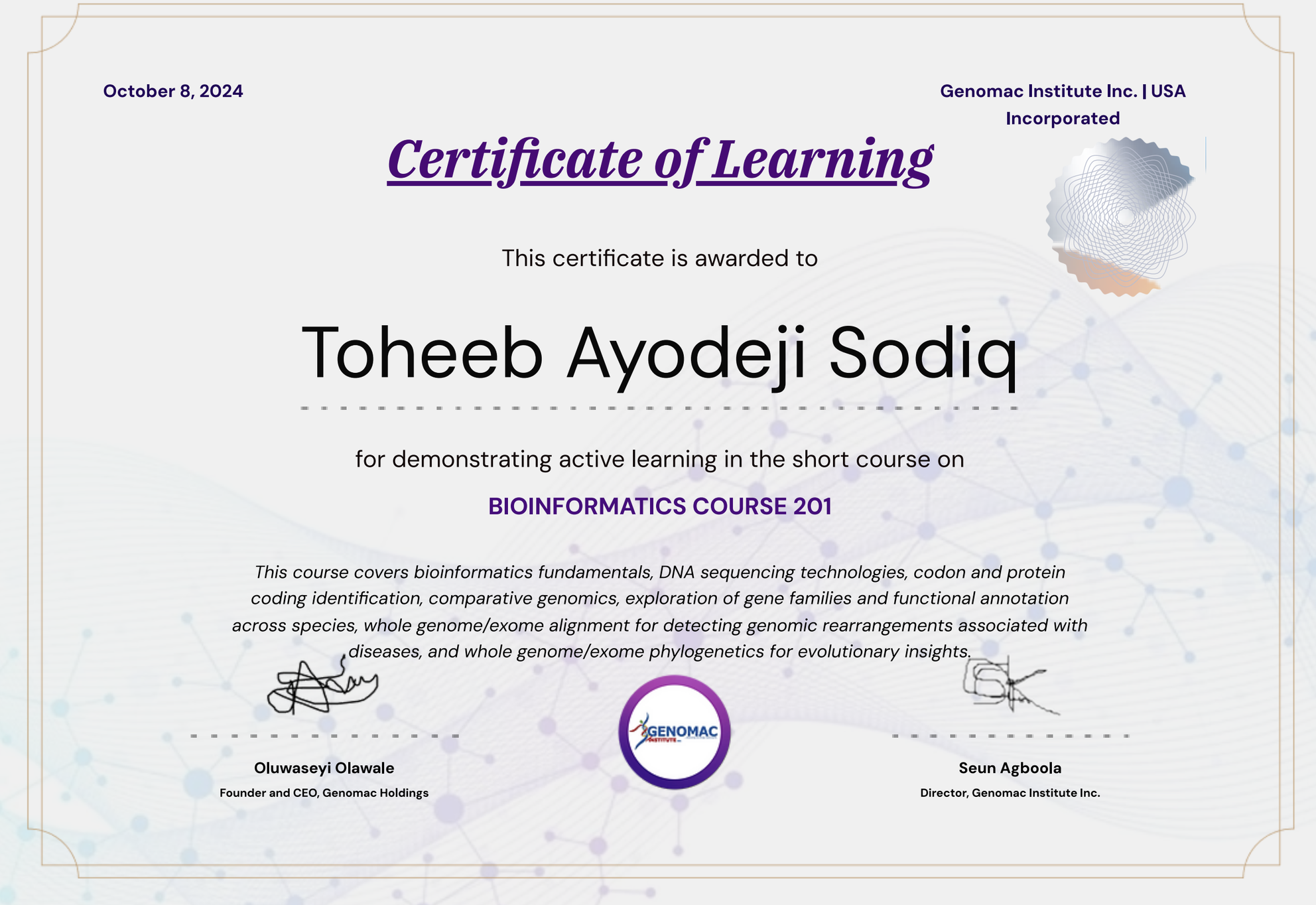 Bioinformatics Course 201