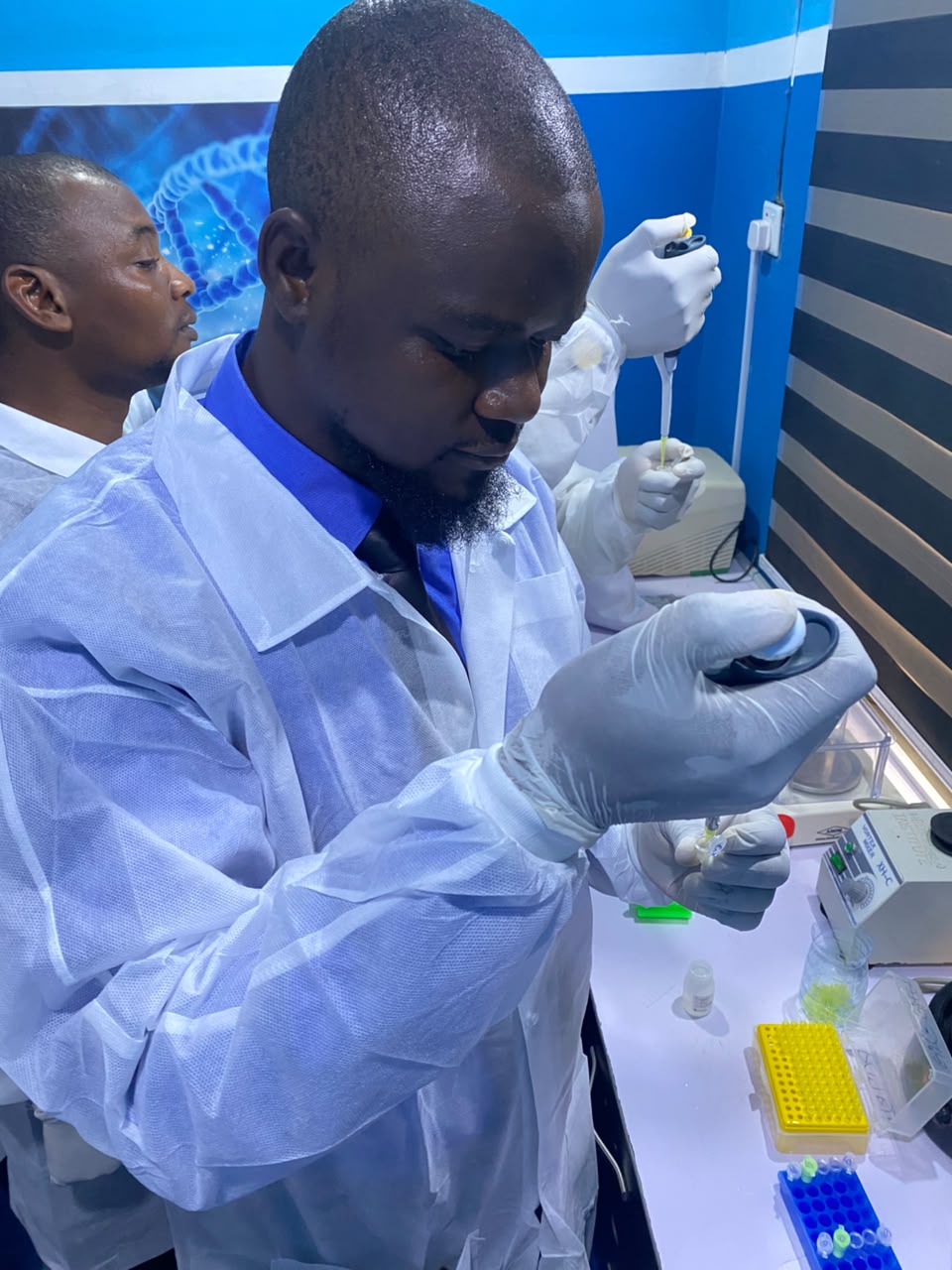 Toheeb Ayodeji Sodiq pipetting in a pharmacology laboratory
