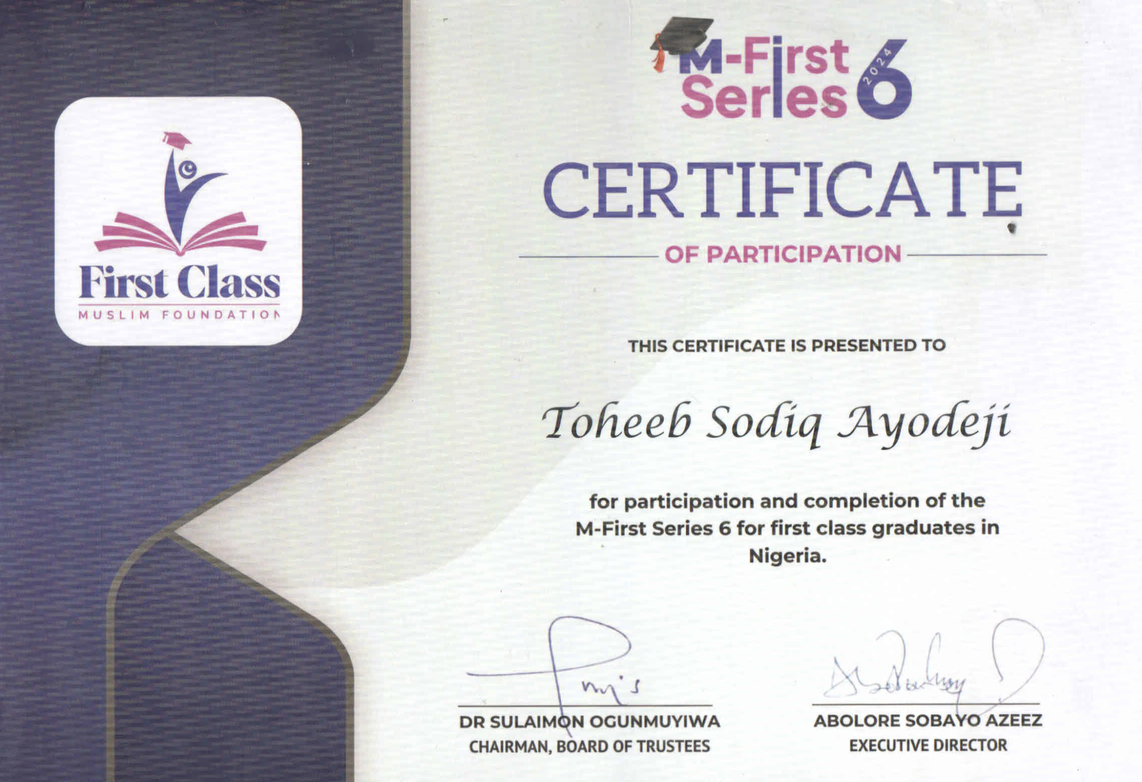 M-First Series 6 certificate